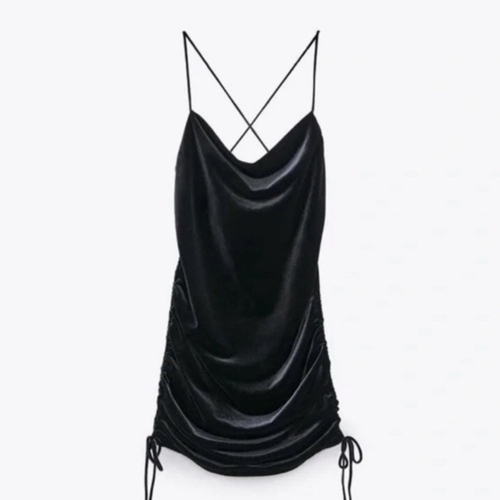 ZARA Black Velvet Ruched Halter Neck Mini Dress Small Strappy Party Occasion
